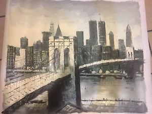 300x225 Nyc Brooklyn Bridge Twin Towers Abstract Oil Painting On Canvas Ebay - Painting Brooklyn Bridge