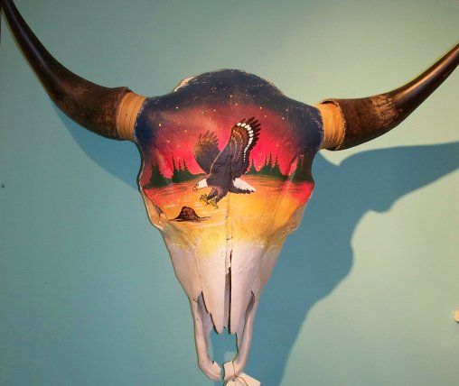 508x428 Native Painted Feathers Hand Painted Buffalo Skull, Eagle - Painting Buffalo Skull