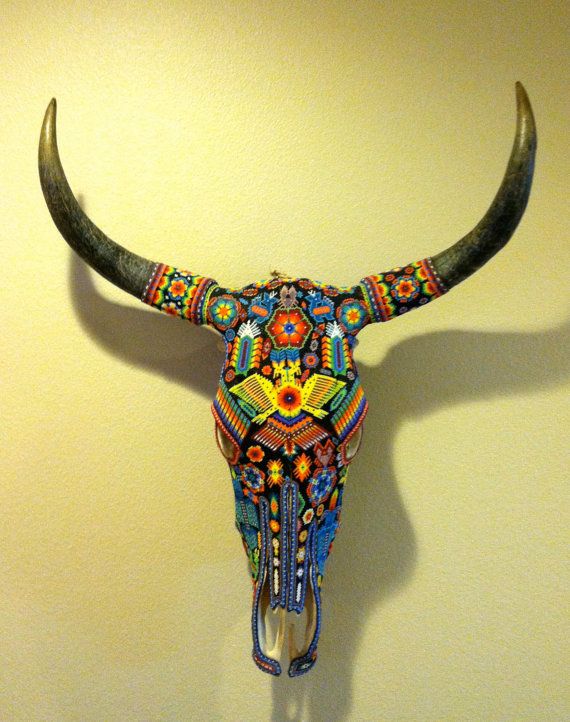 570x722 Reserved For Jan Vintage Huichol Beaded Steer Skull Tribal Art By - Painting Bull Skulls