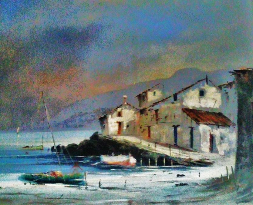 834x677 House By The Sea Painting By Unique Consignment - Painting By The Sea