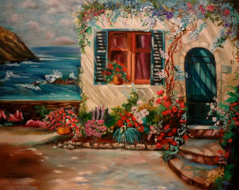 770x613 Saatchi Art Cottage By The Sea Painting By Jenny Jonah - Painting By The Sea