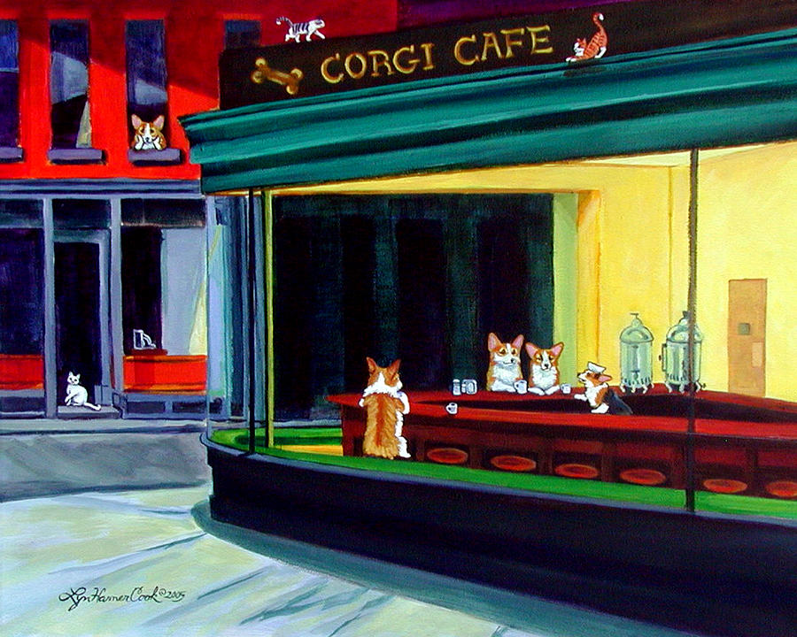 900x720 Corgi Cafe After Hopper Painting By Lyn Cook - Painting Cafe