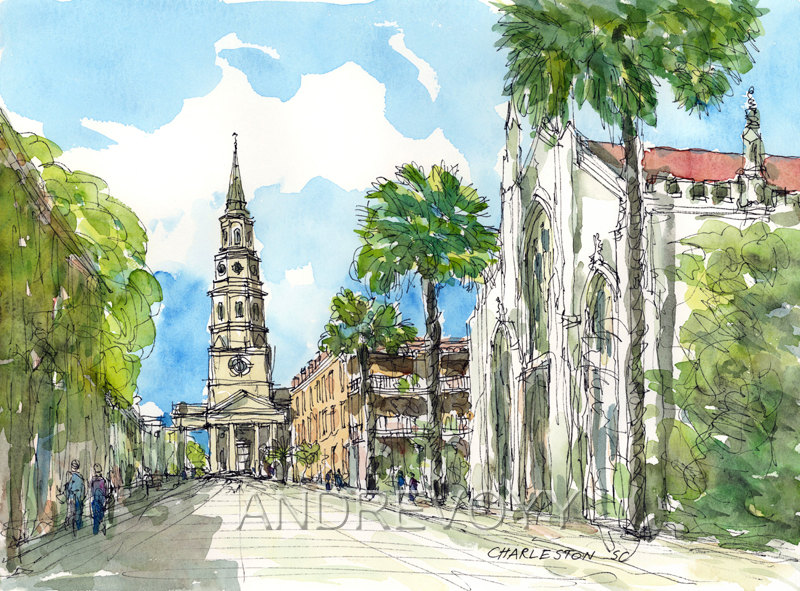 800x591 Charleston Sc Art Print From An Original Watercolor Painting - Painting Charleston Sc
