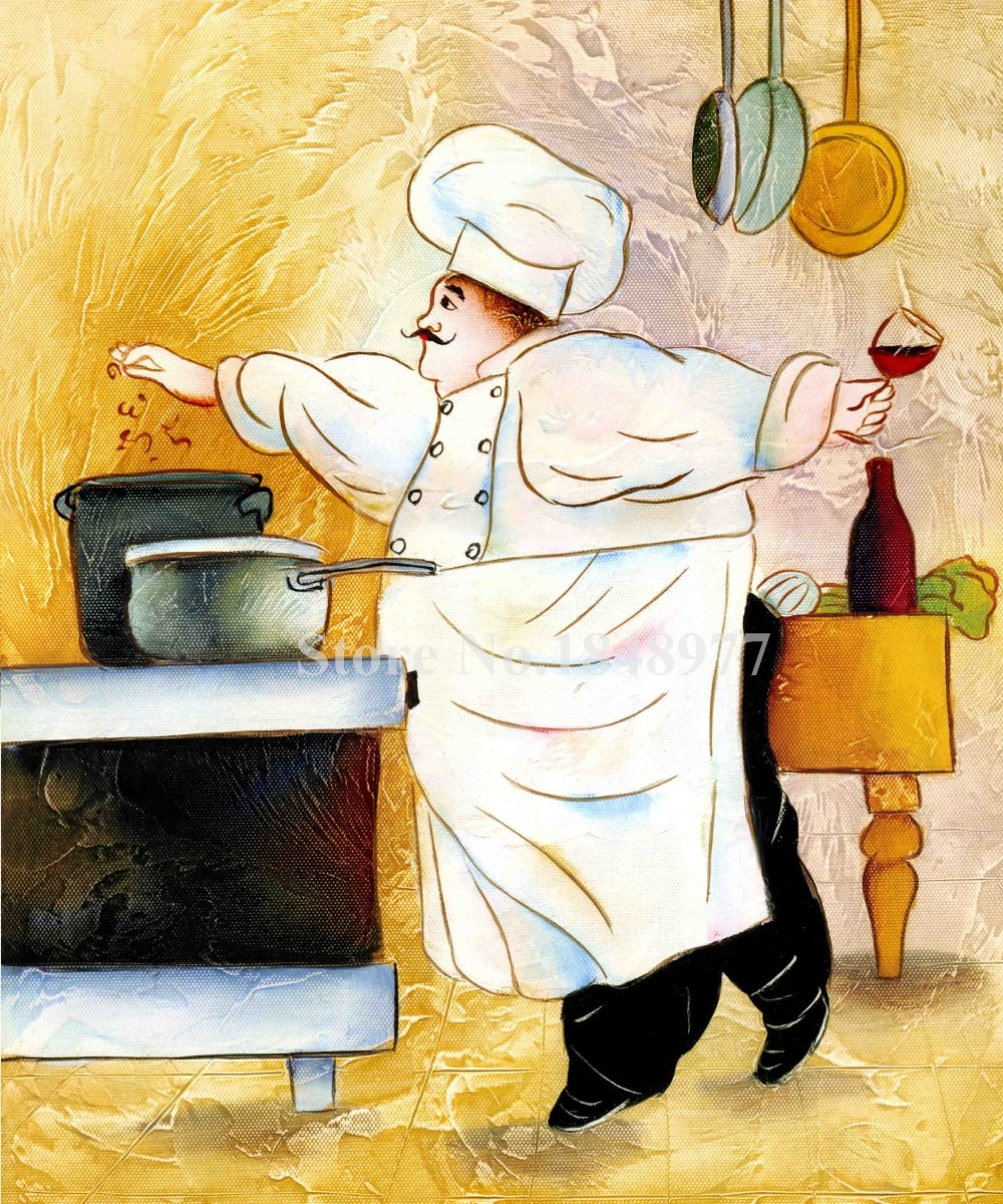 1000x1200 4 Panels Modern Wall Art Cartoon Happy Chef Oil Painting On Canvas - Painting Chef