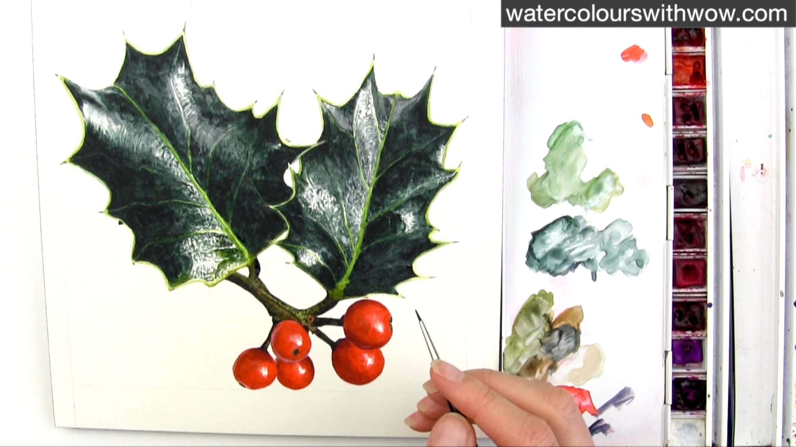 2560x1440 How To Paint Realistic Holly Leaves For Your Christmas Card - Painting Christmas Cards