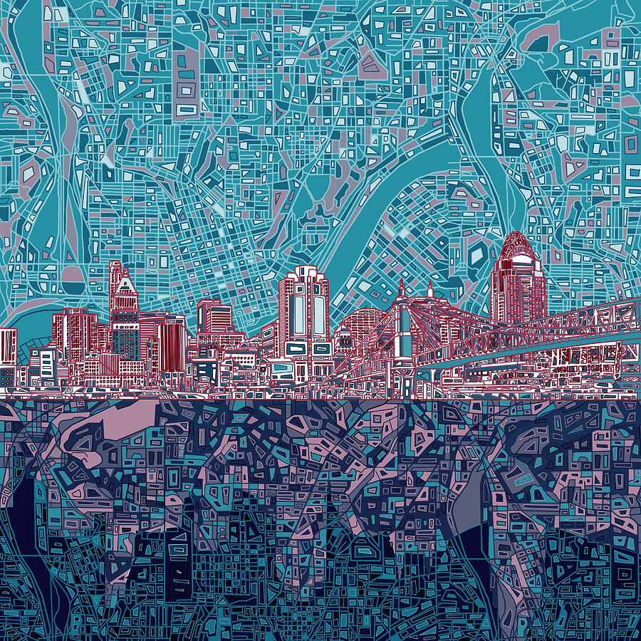 900x900 Cincinnati Skyline Abstract 6 Painting By Bekim Art - Painting Cincinnati