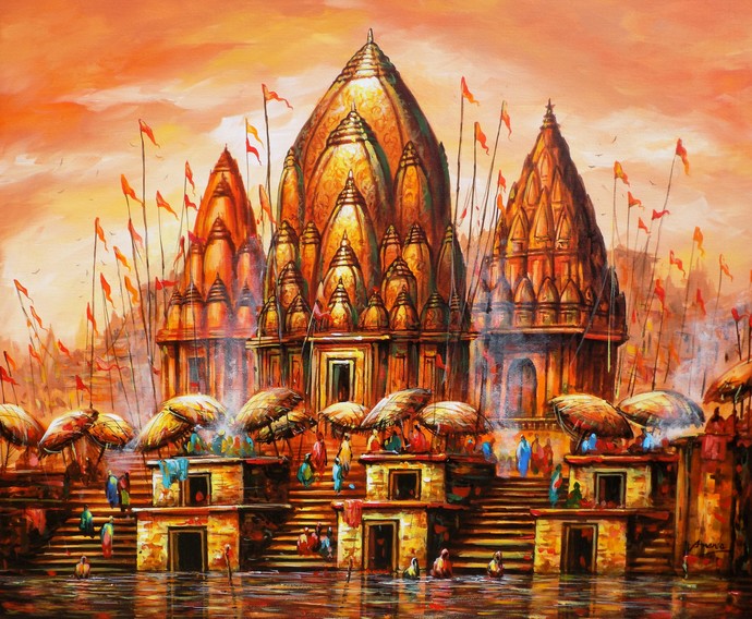 690x568 Hues Of Holy City By Artist Ananda Das Expressionism, Painting - Painting City Place