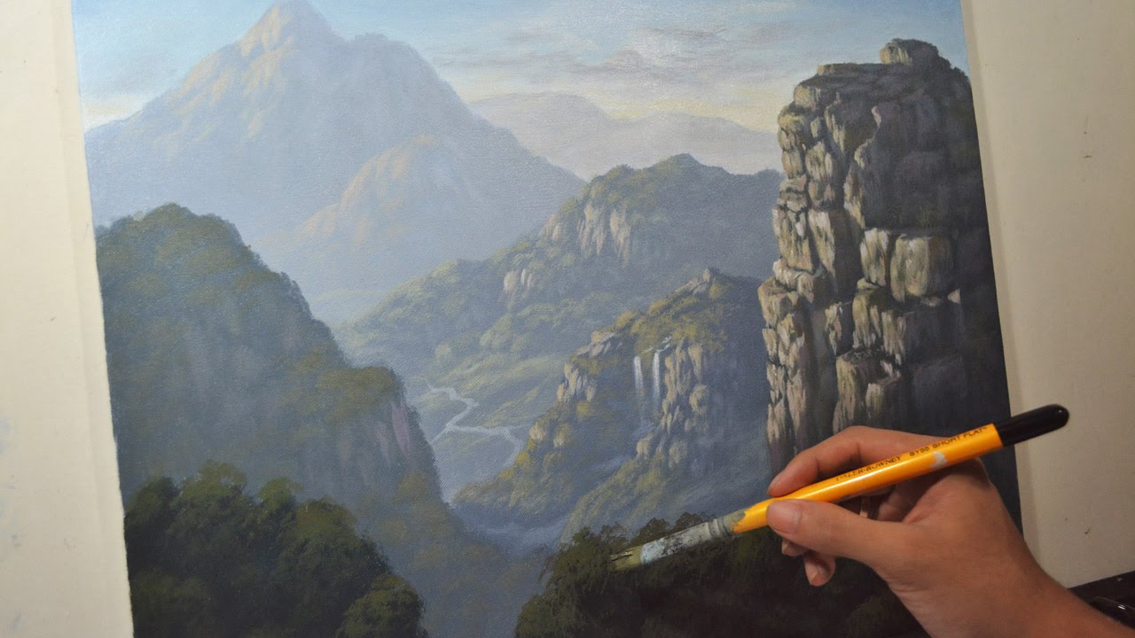1280x720 Acrylic Painting In Time Lapse Rocky Misty Mountains - Painting Cliffs