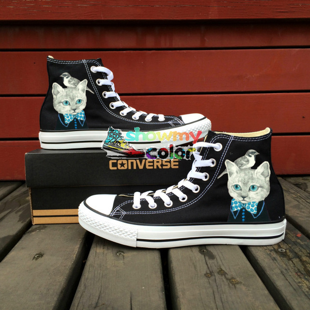 640x640 Design Original Hand Painted Shoes Cute Cat Bird Painting Canvas - Painting Converse