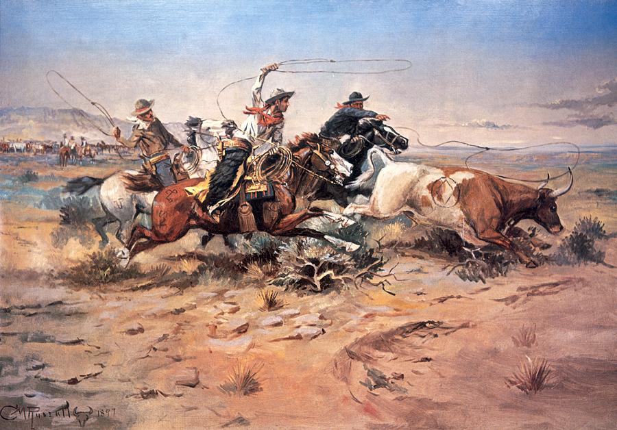 900x628 Cowboys Roping A Steer Painting By Charles Marion Russell - Painting Cowboy