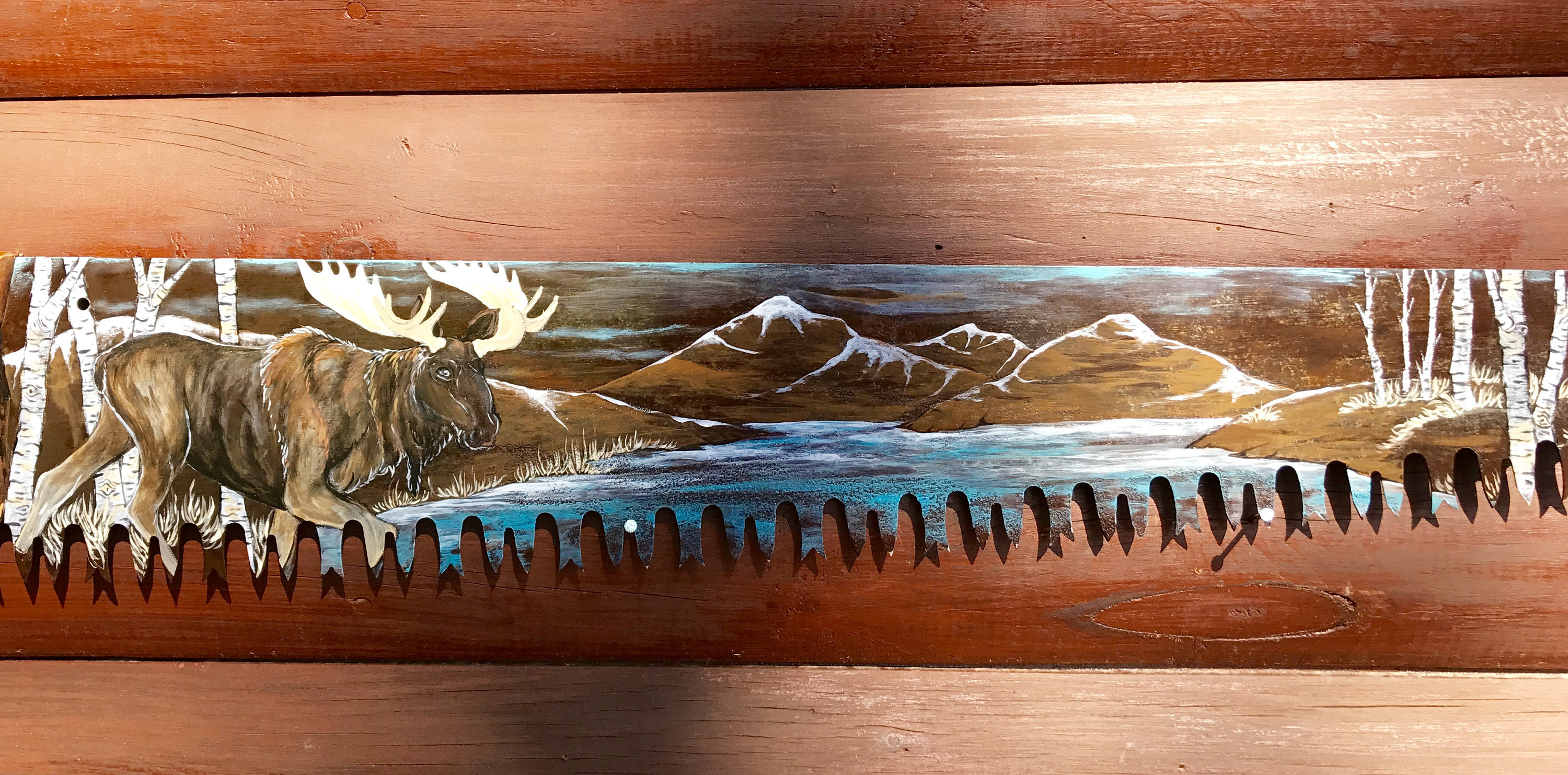 3000x1483 Rustic Vintage, Hand Painted Saw Art, Crosscut Saw, Moose Art - Painting Crosscut Saw