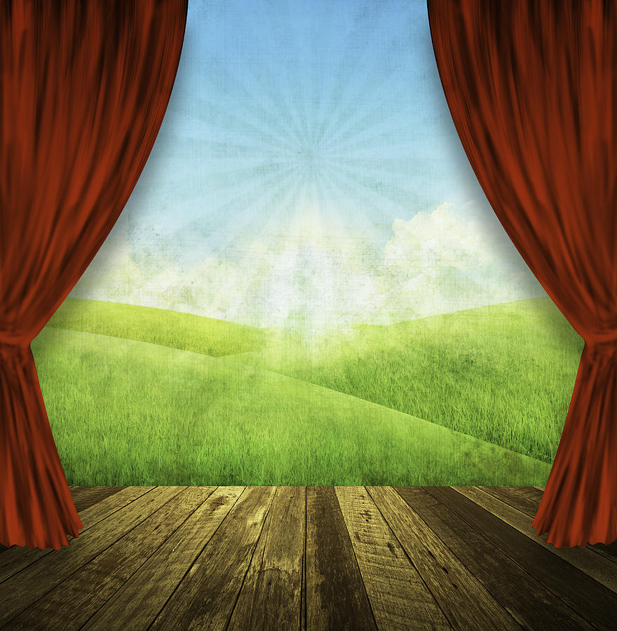 880x900 Theater Stage With Red Curtains And Nature Background Painting By - Painting Curtains