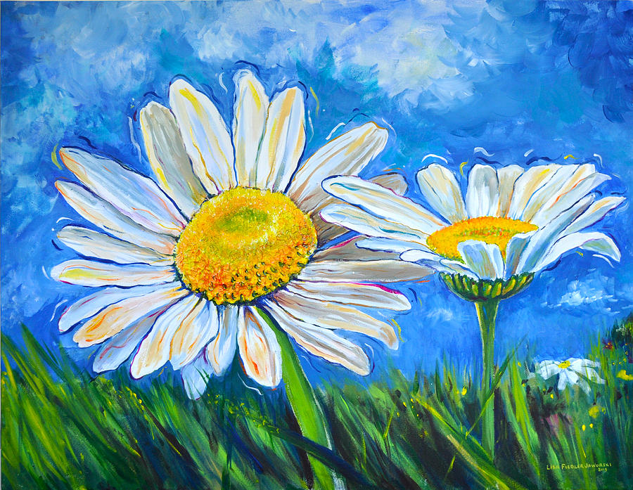 900x697 Windswept Daisies Painting By Lisa Fiedler Jaworski - Painting Daisy