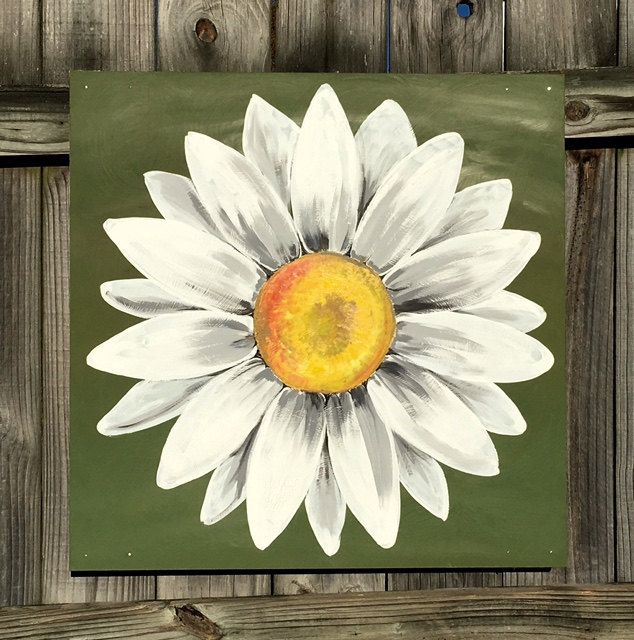634x640 Daisy Painting On Wood Panel Original Flower Art Green And White - Painting Daisy