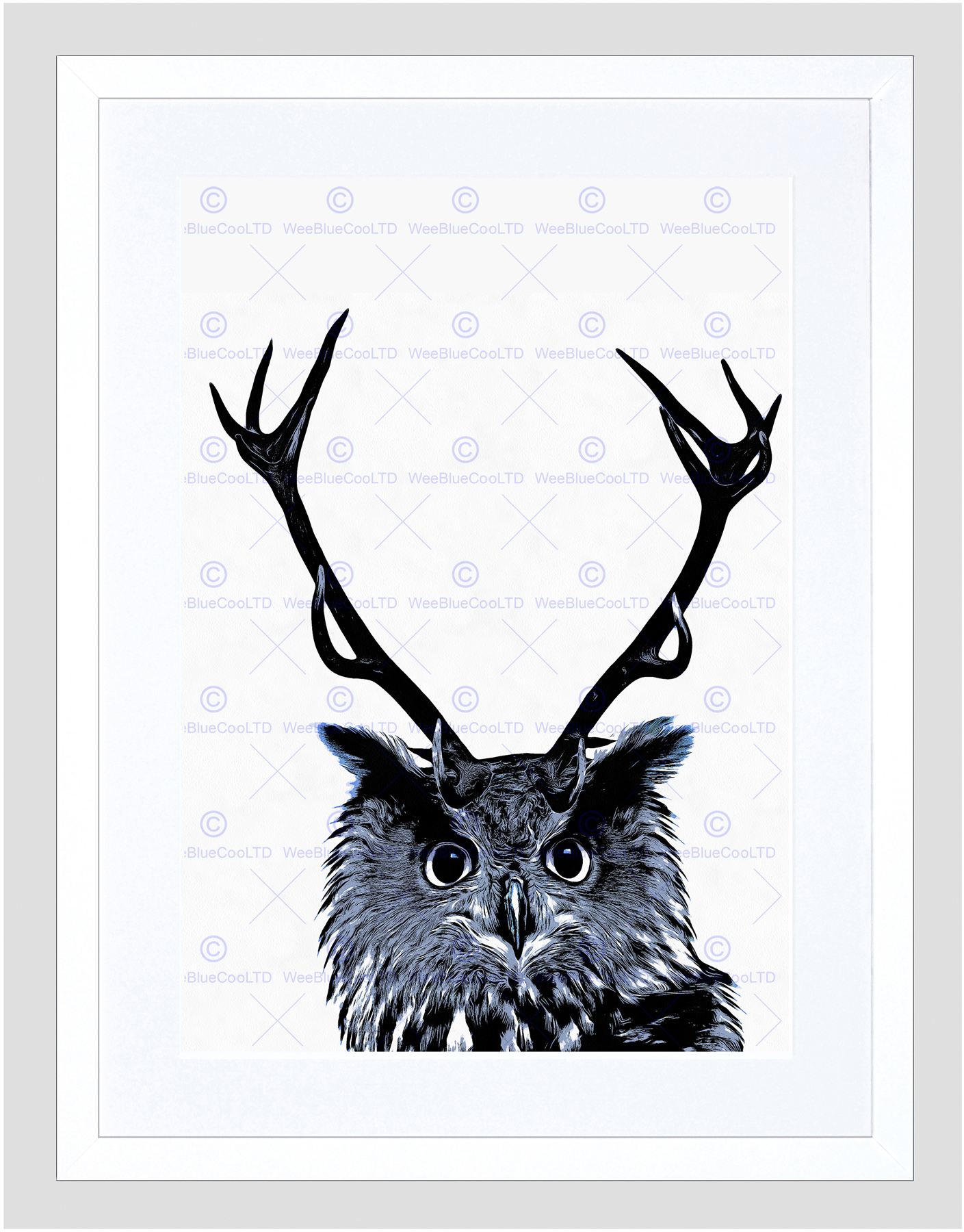 1409x1800 Painting Photo Owl Deer Antlers Weird Bizarre Fun Framed Print - Painting Deer Antlers