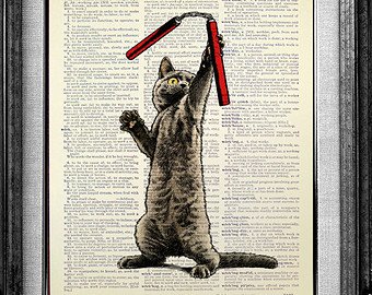 340x270 Cat Art Print On Dictionary Paper Cool Cat Painting Tabby Cat - Painting Dictionary