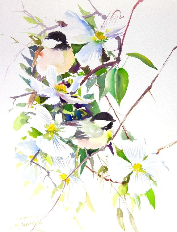 573x750 Chickadees And Dogwood Flowers Painting, 16 X 12 In, Original - Painting Dogwood Flowers