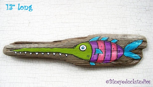 613x349 Sold] Hilarious Saw Fish Hand Painted Driftwood Original Folk Ar - Painting Driftwood Art
