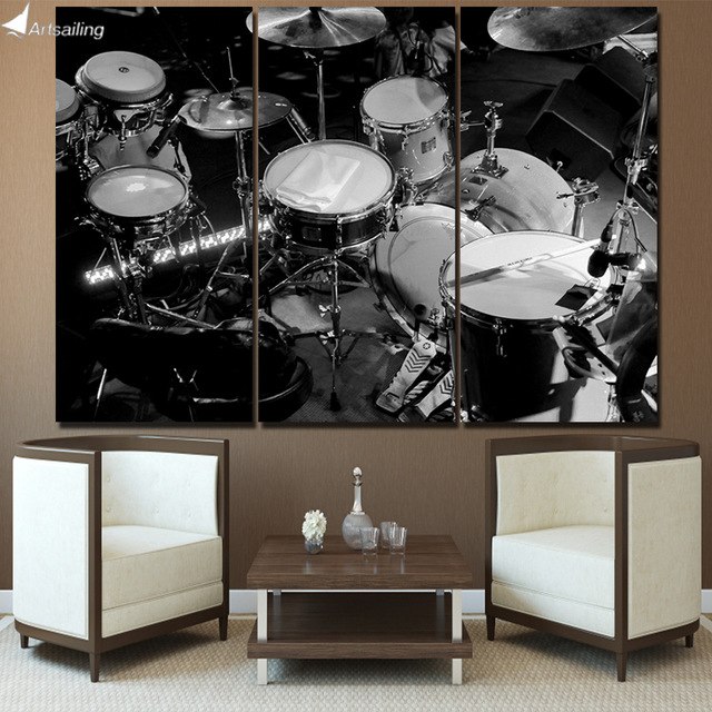 640x640 Hd Printed 3 Piece Canvas Art Music Instrument Painting Black - Painting Drum