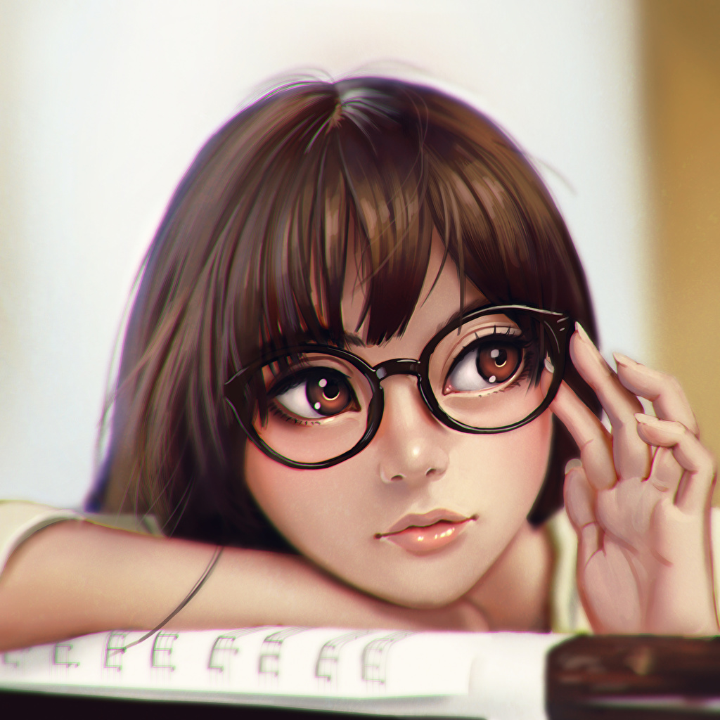 1024x1024 Photo Brown Haired Face Hair Girls Glasses Painting Art - Painting Eyeglasses