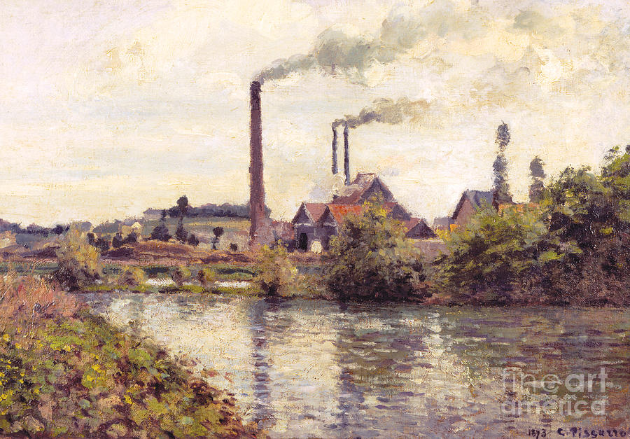 900x627 The Factory At Pontoise, 1873 Painting By Camille Pissarro - Painting Factory