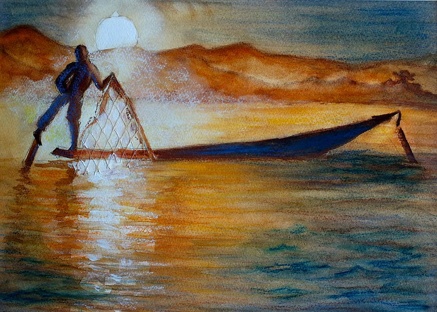 900x642 Mynamar Fisherman Painting By Myra Evans - Painting Fisherman
