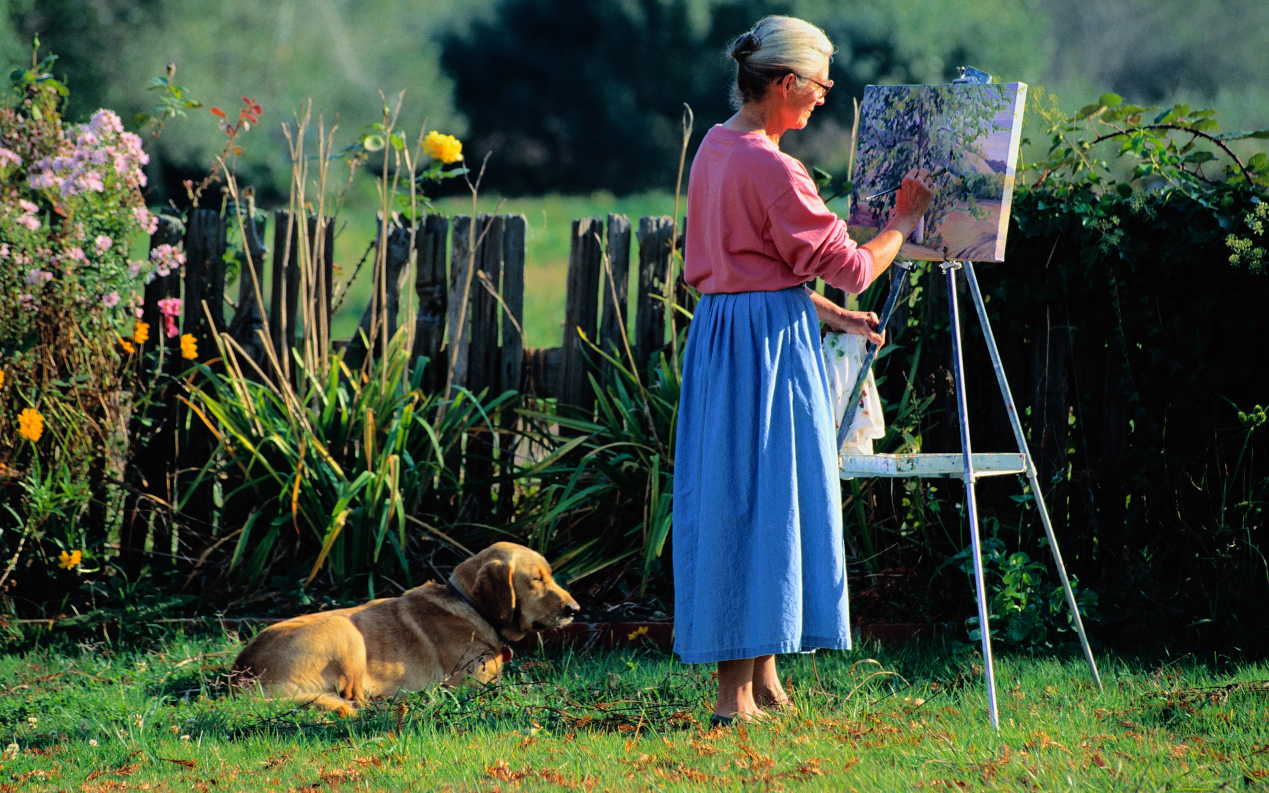 2560x1600 Wallpaper Women, Elderly, Drawing, Painting, Canvas, Dog, Grass - Painting For Elderly