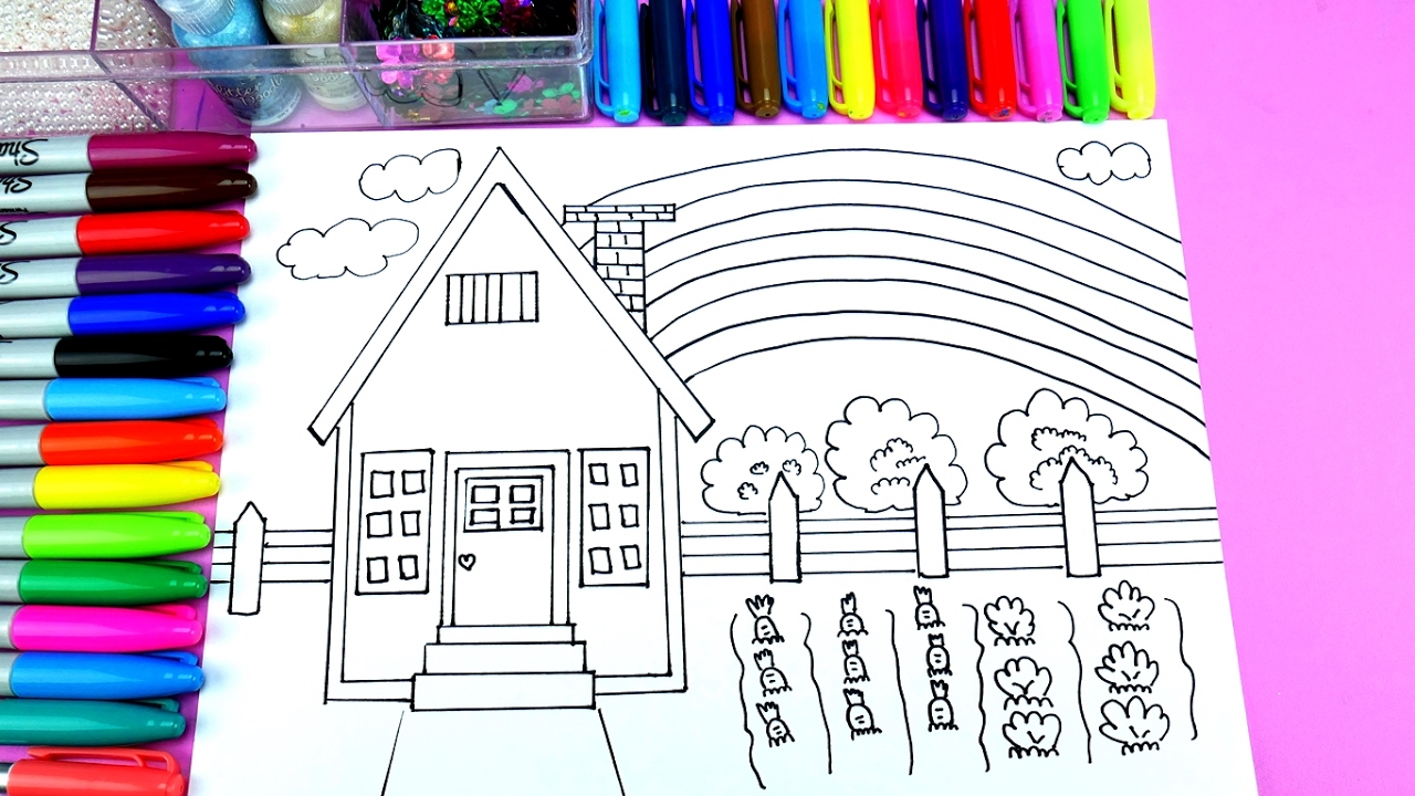 1280x720 Pretty House And Small Farm Coloring Page Learn Colors And Diy - Painting For Small Kids