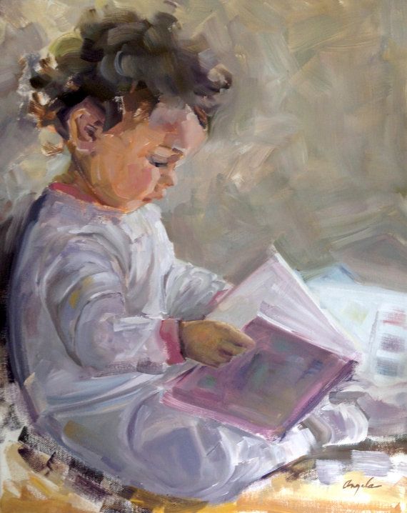 570x718 Original Oil Painting Young Childaby Reading - Painting For Young Children
