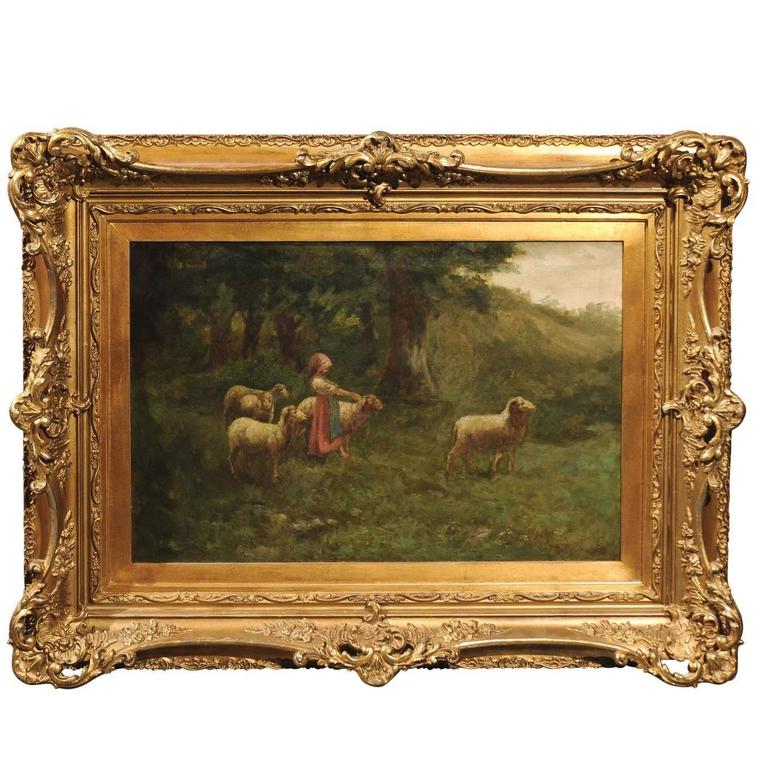 768x768 Large Antique Oil Painting Of Sheep And Shepherdess In Antique - Painting Frames