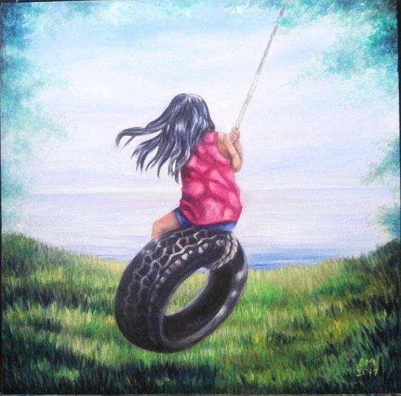 570x562 Oil Painting Girl Swinging Looking - Painting Girl On Swing