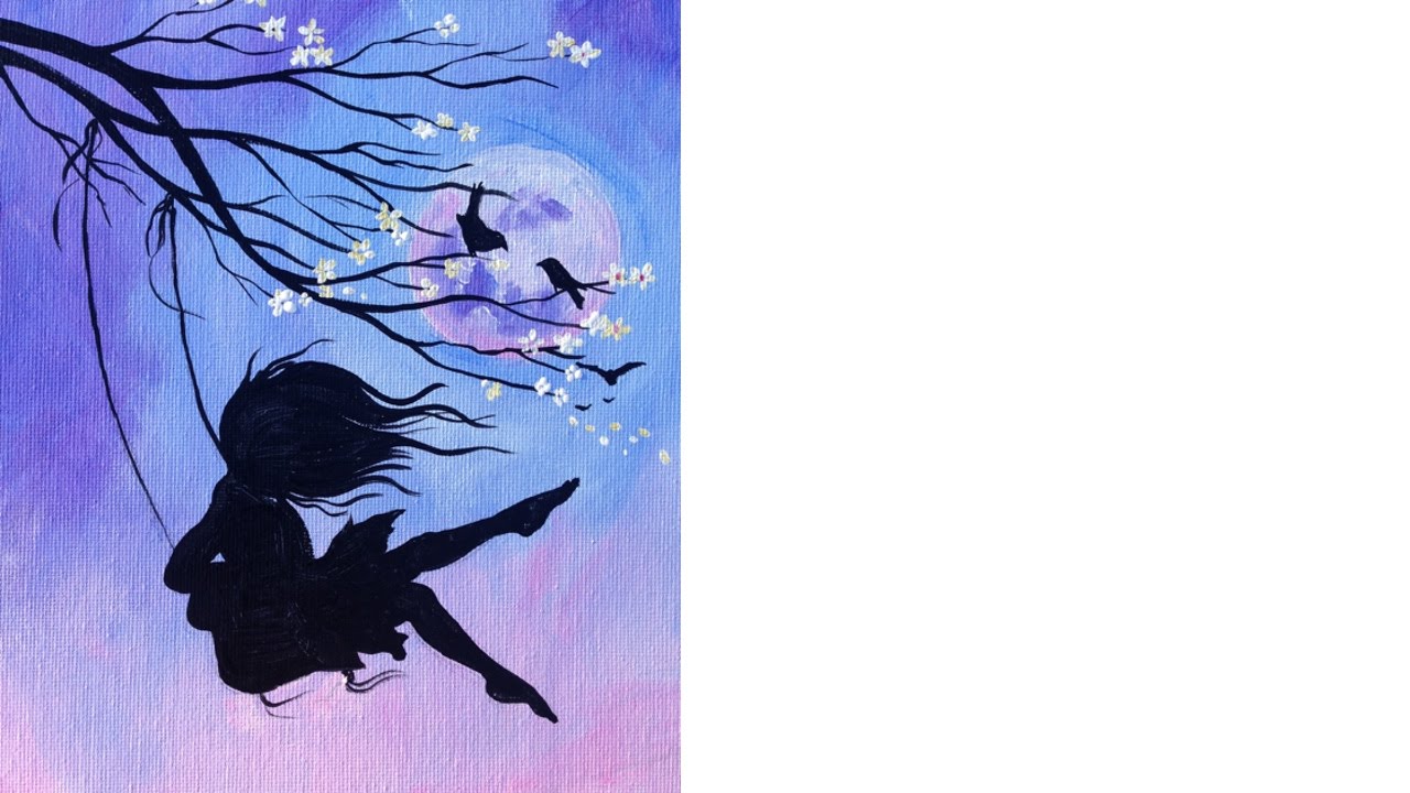 1280x720 Beginner Acrylic Tutorial Cherry Blossom Swing And Girl Art - Painting Girl On Swing