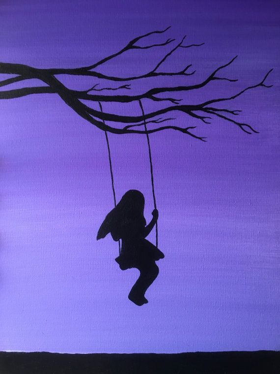 570x760 Girl On Swing Painting Swinging Tree Silhouette Handmade On Canvas - Painting Girl On Swing