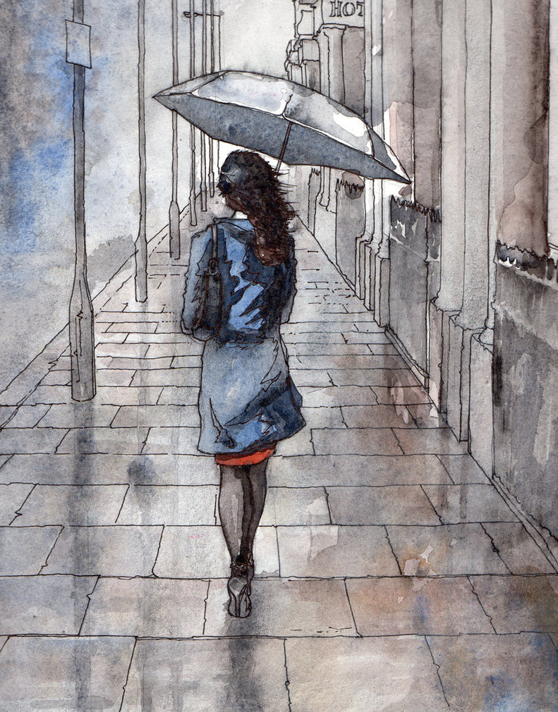 791x1010 Girl With Umbrella By Ardillas - Painting Girl With Umbrella