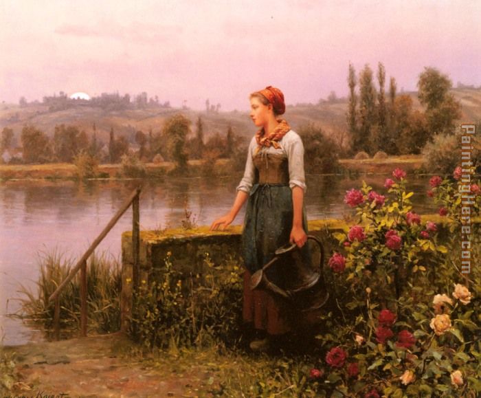 700x579 Daniel Ridgway Knight A Woman With A Watering Can By The River - Painting Girl With Watering Can