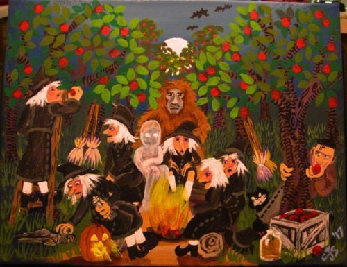 500x385 Painting Halloween Witches Goblin Hang Out Orchard Original Carol - Painting Goblin