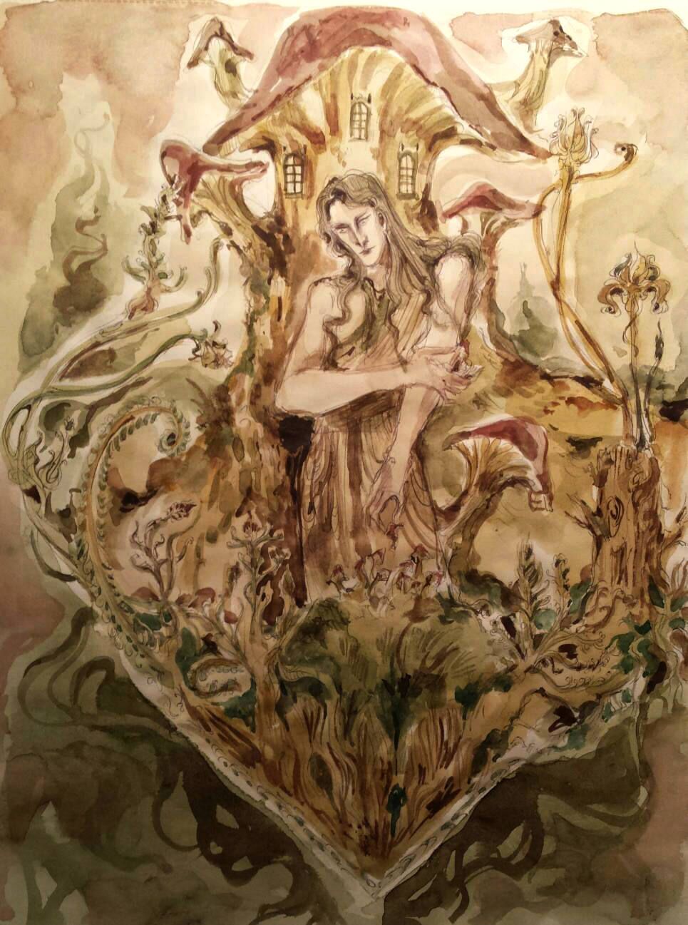 965x1297 Woodland Tale Original Painting Goblin Faerie Mushroom House - Painting Goblin