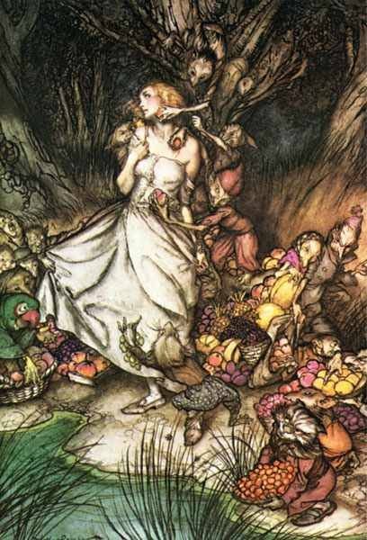 408x600 Goblin Market White And Golden Lizzie Stood By Arthur Rackham - Painting Goblin