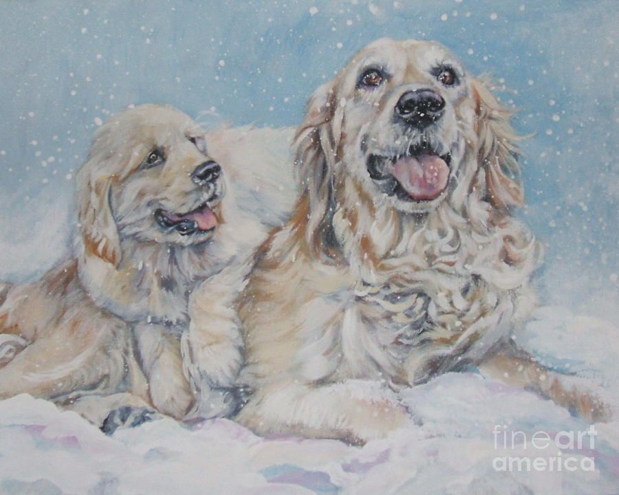900x720 Golden Retriever With Pup In Snow Painting - Painting Goldens