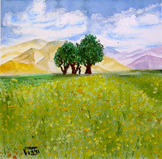 567x558 Landscape Painting (Watercolor And Oil Pastel) Zeinab1361art - Painting Grass In Watercolor
