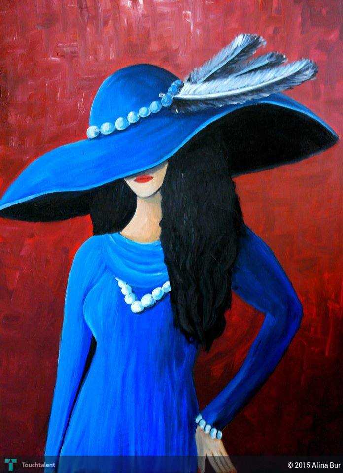 696x960 Woman With Blue Hat Acrylics On Canvas Touchtalent - Painting Hat