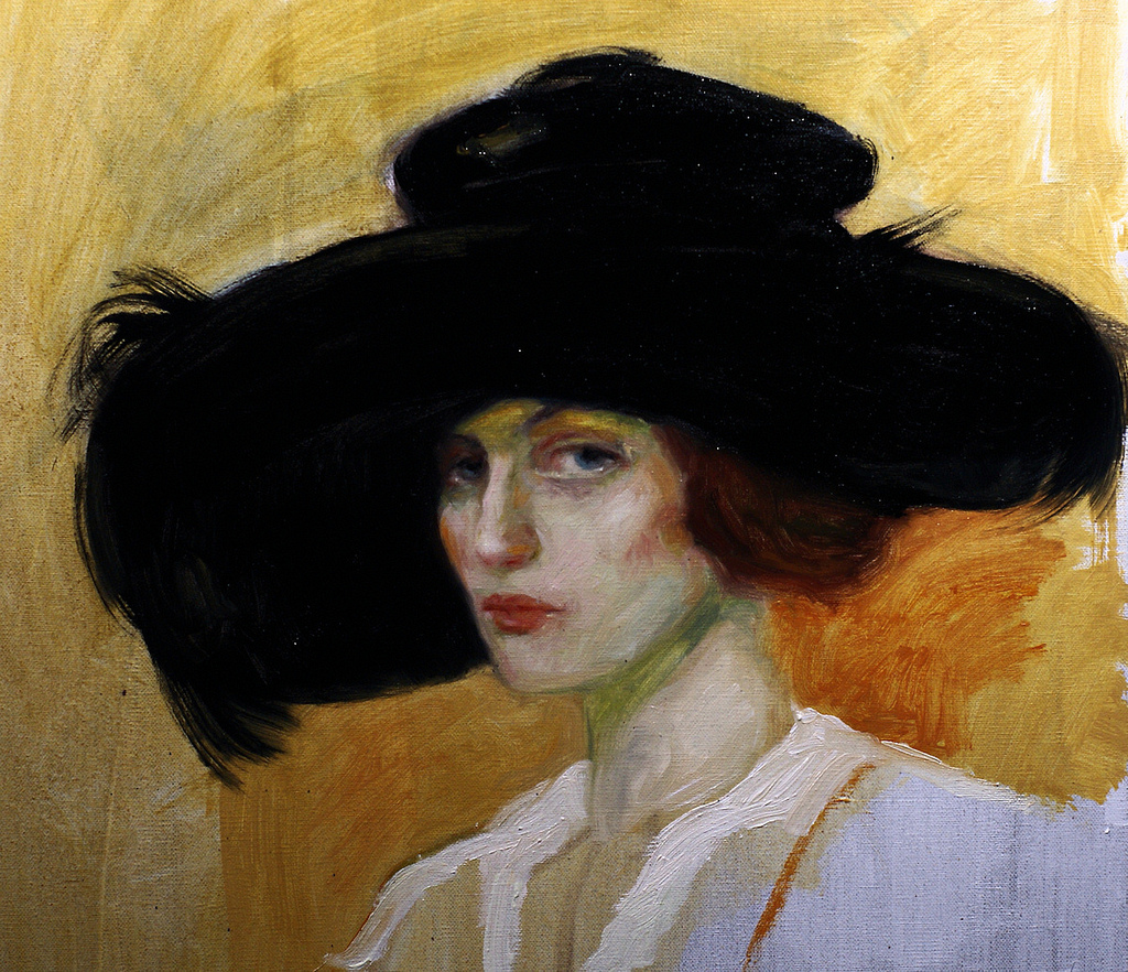 1024x882 Oil Painting Woman With Large Black Hat I Shall Endeavor - Painting Hat