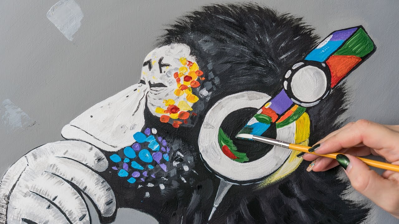 1280x720 Monkey Boy With Headphones - Painting Headphones