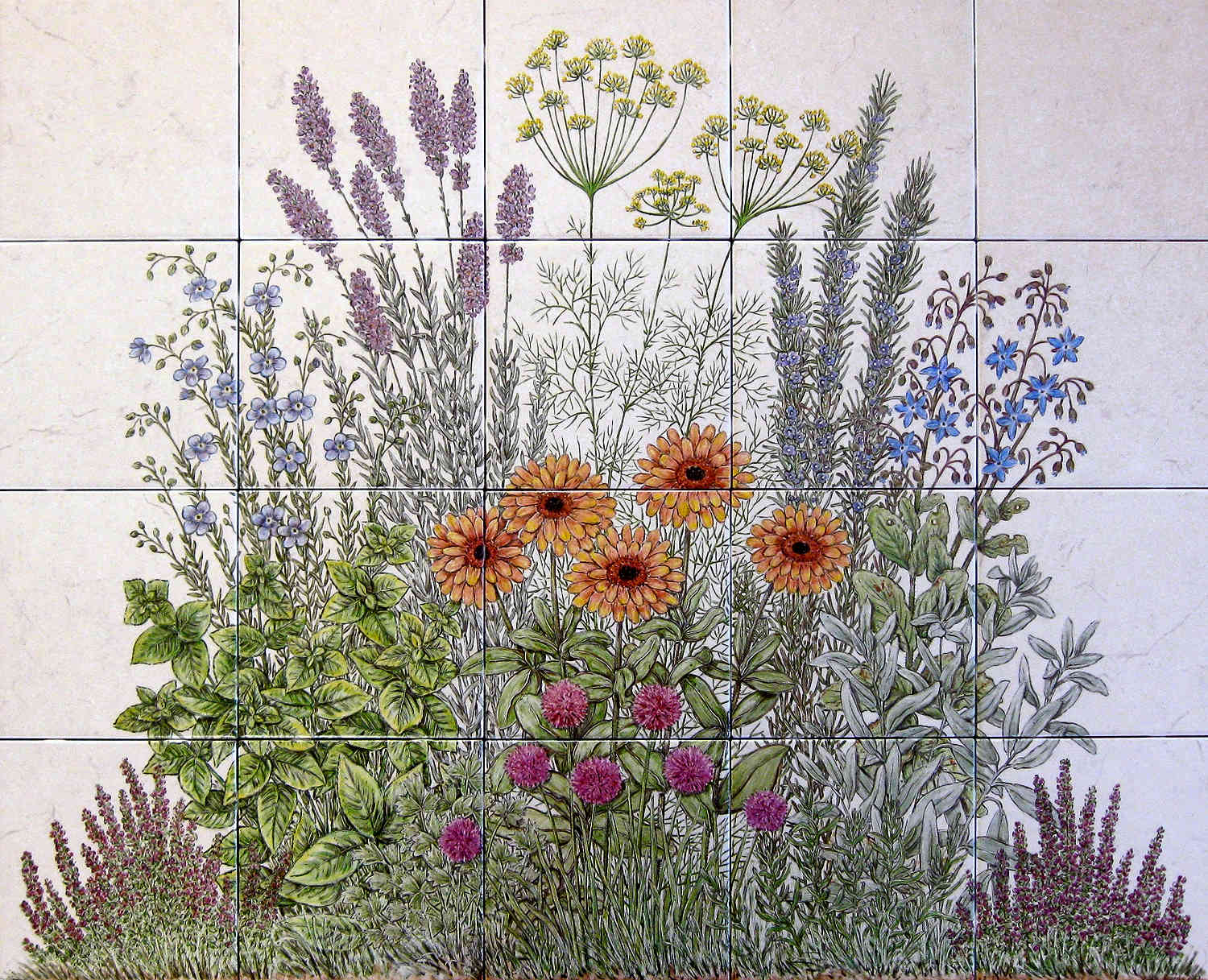 1500x1217 Julie's Flowering Herb Garden Hand Painted Ceramic Tile Mural - Painting Herbs