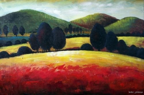 500x330 Abstract Landscape Green Trees Red Flowers Yellow Green Hills Oil - Painting Hills