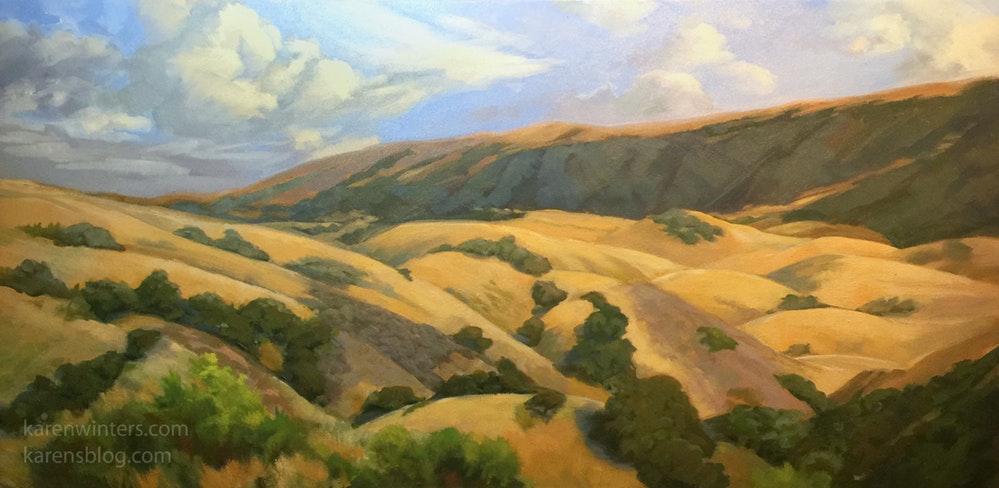 999x488 Golden Panorama California Rolling Hills Oaks Oil Painting By - Painting Hills
