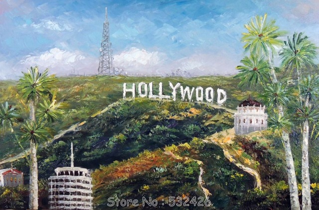 640x422 Hollywood Sign Hills La California Palm Trees Handpainted Oil - Painting Hollywood