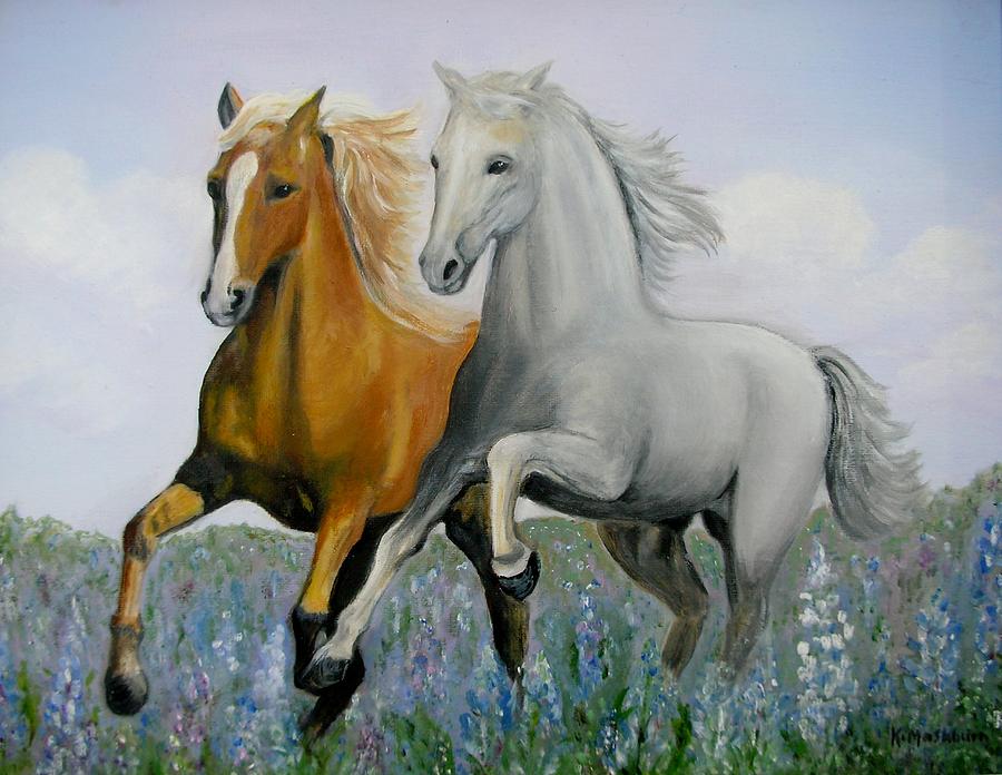 900x696 Horses And Bluebonnets Painting By Kay Mashburn - Painting Horses
