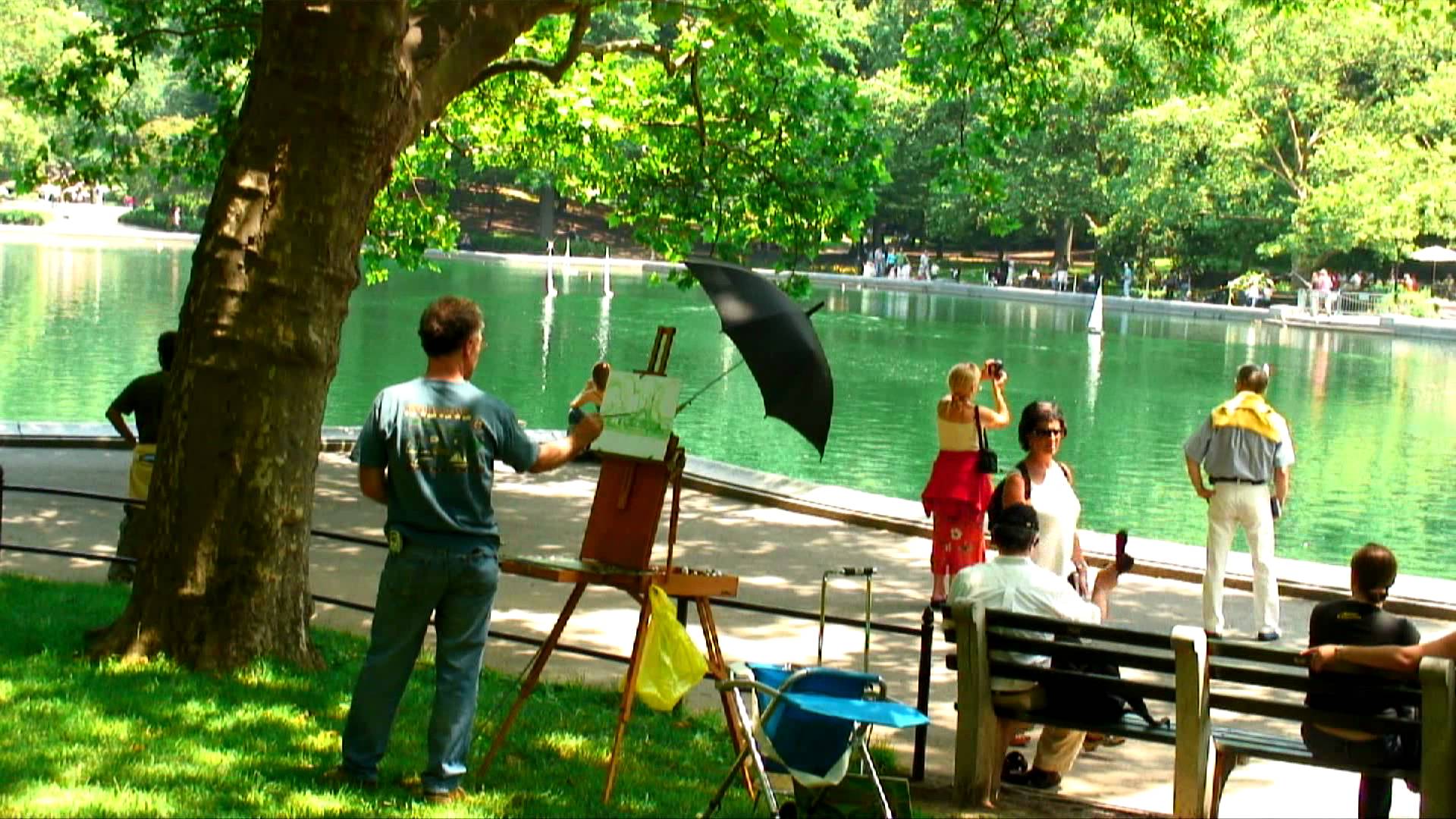 1920x1080 Man Painting A Scene Of A Pond In Central Park Nyc. - Painting In Central Park