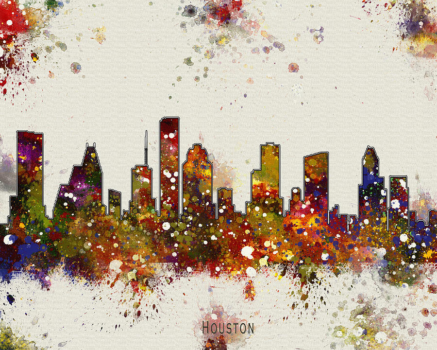 900x720 Houston Skyline Painting By Watercolormaps Chris And Mary Ann - Painting In Houston